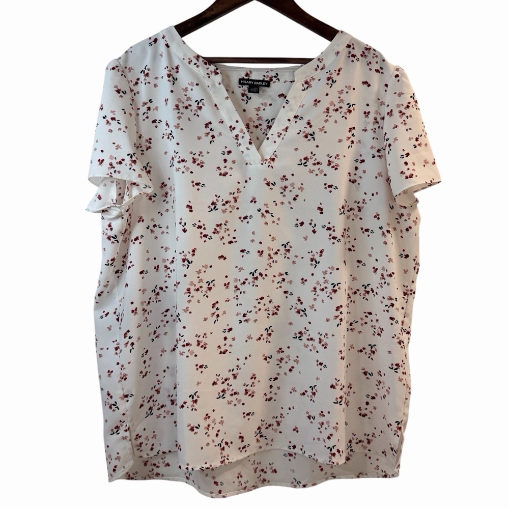 Hilary Radley Ditsy Floral Blouse Women's Large White Split Neck Flutter Sleeve